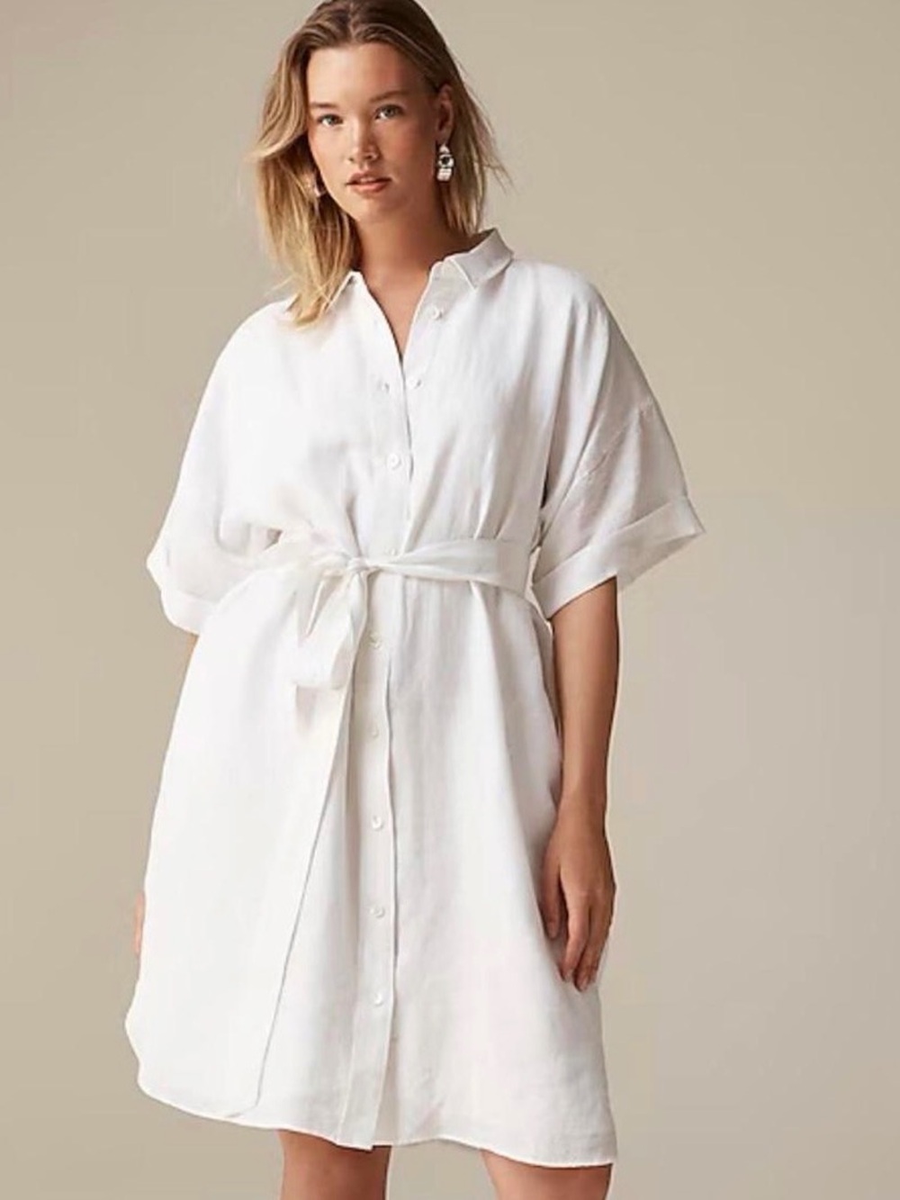 J. Crew Capitaine White Button-Front Tie-Waist Linen Shirt Dress
